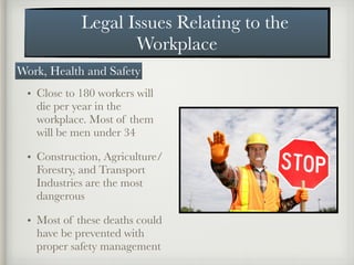 Legal Issues Relating to the
Workplace
• Close to 180 workers will
die per year in the
workplace. Most of them
will be men under 34
• Construction, Agriculture/
Forestry, and Transport
Industries are the most
dangerous
• Most of these deaths could
have be prevented with
proper safety management
Work, Health and Safety
 