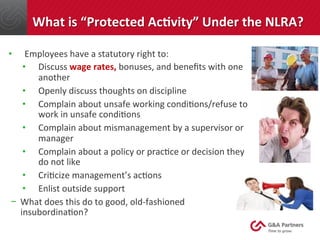 What	
  is	
  “Protected	
  AcJvity”	
  Under	
  the	
  NLRA?	
  
•  Employees	
  have	
  a	
  statutory	
  right	
  to:	
...
