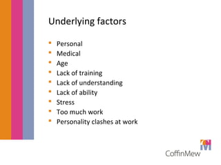Underlying factors 
 Personal 
 Medical 
 Age 
 Lack of training 
 Lack of understanding 
 Lack of ability 
 Stress 
 Too much work 
 Personality clashes at work 
 