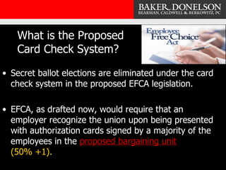 What is the Proposed  Card Check System? <ul><li>Secret ballot elections are eliminated under the card check system in the...