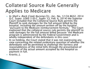 In Shell v. Rock Creek Nursing Ctr., Inc., No. 12 CA 8632, 2014
D.C. Super. LEXIS 3 (D.C. Super. Ct. Feb. 6, 2014) the Superior
Court included that the Collateral Source Rule permits the
Plaintiff to seek damages for the full amount billed by the
hospital, including the amount written off by the hospital
“pursuant to the Medicare reimbursement formula.” The Court
explained that the collateral source rule permits the plaintiff to
seek damages for the full amount billed because “the Medicare
program is administered by the Federal Government and is
wholly independent of the defendants in this case.”
 In so holding, the Court stated that it was not expressing any
view concerning the related evidentiary question of whether the
defendants will be permitted to challenge the fairness and
reasonableness of the initial bills through the presentation of
evidence of the actual amount accepted by the hospital as
payment in full.
 Kravitz, J.
76
 