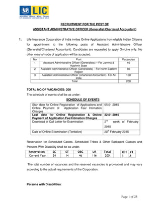 `
Page 1 of 23
RECRUITMENT FOR THE POST OF
ASSISTANT ADMINISTRATIVE OFFICER (Generalist/Chartered Accountant)
1. Life Insurance Corporation of India invites Online Applications from eligible Indian Citizens
for appointment to the following posts of Assistant Administrative Officer
(Generalist/Chartered Accountant). Candidates are requested to apply On-Line only. No
other means/mode of application will be accepted.
No Post Vacancies
1 Assistant Administrative Officer (Generalists) – For Jammu &
Kashmir State
40
2 Assistant Administrative Officer (Generalists) – For North Eastern
Region
60
3 Assistant Administrative Officer (Chartered Accountant)- For All
India
100
Total 200
TOTAL NO.OF VACANCIES: 200
The schedule of events shall be as under:
SCHEDULE OF EVENTS
Start date for Online Registration of Applications and
Online Payment of Application Fee/ Intimation
Charges
05.01.2015
Last date for Online Registration & Online
Payment of Application Fee/Intimation Charges
22.01.2015
Download of Call Letter for Examination 2nd
week of February
2015
Date of Online Examination (Tentative) 20th
February 2015
Reservation for Scheduled Castes, Scheduled Tribes & Other Backward Classes and
Persons With Disability shall be as under.
Reservation SC ST OBC UR Total OH VI
Current Year 24 14 46 116 200 3 3
The total number of vacancies and the reserved vacancies is provisional and may vary
according to the actual requirements of the Corporation.
Persons with Disabilities:
 