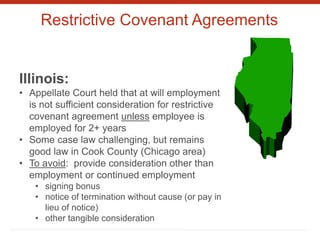 Restrictive Covenant Agreements
Illinois:
• Appellate Court held that at will employment
is not sufficient consideration for restrictive
covenant agreement unless employee is
employed for 2+ years
• Some case law challenging, but remains
good law in Cook County (Chicago area)
• To avoid: provide consideration other than
employment or continued employment
• signing bonus
• notice of termination without cause (or pay in
lieu of notice)
• other tangible consideration
 