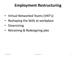 11/27/2022 7
Dr. Ashutosh. V
Employment Restructuring
• Virtual Networked Teams (VNT’s)
• Reshaping the Skills at workplac...