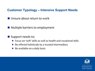 Customer Typology – Intensive Support Needs

  Unsure about return to work

  Multiple barriers to employment

  Support n...