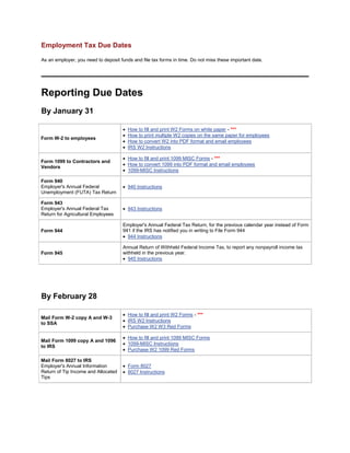 Employment Tax Due Dates 
Source: 
http://www.halfpricesoft.com/employment_tax_due_dates.asp 
As an employer, you need to deposit funds and file tax forms in time. Do not miss these important date. 
Reporting Due Dates 
By January 31 
Form W-2 to employees 
 How to fill and print W2 Forms on white paper - *** 
 How to print multiple W2 copies on the same paper for employees 
 How to convert W2 into PDF format and email employees 
 IRS W2 Instructions 
Form 1099 to Contractors and Vendors 
 How to fill and print 1099 MISC Forms - *** 
 How to convert 1099 into PDF format and email employees 
 1099-MISC Instructions 
Form 940 Employer's Annual Federal Unemployment (FUTA) Tax Return 
 940 Instructions 
Form 943 Employer's Annual Federal Tax Return for Agricultural Employees 
 943 Instructions 
Form 944 
Employer's Annual Federal Tax Return, for the previous calendar year instead of Form 941 if the IRS has notified you in writing to File Form 944 
 944 Instructions 
Form 945 
Annual Return of Withheld Federal Income Tax, to report any nonpayroll income tax withheld in the previous year. 
 945 Instructions 
By February 28 
Mail Form W-2 copy A and W-3 to SSA 
 How to fill and print W2 Forms - *** 
 IRS W2 Instructions 
 Purchase W2 W3 Red Forms 
Mail Form 1099 copy A and 1096 to IRS 
 How to fill and print 1099 MISC Forms 
 1099-MISC Instructions 
 Purchase W2 1099 Red Forms 
Mail Form 8027 to IRS Employer's Annual Information Return of Tip Income and Allocated Tips 
 Form 8027 
 8027 Instructions  