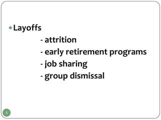  Layoffs
            - attrition
            - early retirement programs
            - job sharing
            - group dismissal


5
 