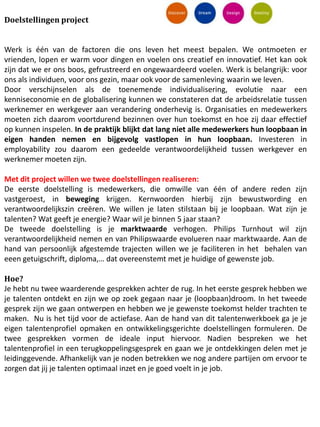 Doelstellingen project


Werk is één van de factoren die ons leven het meest bepalen. We ontmoeten er
vrienden, lopen er warm voor dingen en voelen ons creatief en innovatief. Het kan ook
zijn dat we er ons boos, gefrustreerd en ongewaardeerd voelen. Werk is belangrijk: voor
ons als individuen, voor ons gezin, maar ook voor de samenleving waarin we leven.
Door verschijnselen als de toenemende individualisering, evolutie naar een
kenniseconomie en de globalisering kunnen we constateren dat de arbeidsrelatie tussen
werknemer en werkgever aan verandering onderhevig is. Organisaties en medewerkers
moeten zich daarom voortdurend bezinnen over hun toekomst en hoe zij daar effectief
op kunnen inspelen. In de praktijk blijkt dat lang niet alle medewerkers hun loopbaan in
eigen handen nemen en bijgevolg vastlopen in hun loopbaan. Investeren in
employability zou daarom een gedeelde verantwoordelijkheid tussen werkgever en
werknemer moeten zijn.

Met dit project willen we twee doelstellingen realiseren:
De eerste doelstelling is medewerkers, die omwille van één of andere reden zijn
vastgeroest, in beweging krijgen. Kernwoorden hierbij zijn bewustwording en
verantwoordelijkszin creëren. We willen je laten stilstaan bij je loopbaan. Wat zijn je
talenten? Wat geeft je energie? Waar wil je binnen 5 jaar staan?
De tweede doelstelling is je marktwaarde verhogen. Philips Turnhout wil zijn
verantwoordelijkheid nemen en van Philipswaarde evolueren naar marktwaarde. Aan de
hand van persoonlijk afgestemde trajecten willen we je faciliteren in het behalen van
eeen getuigschrift, diploma,… dat overeenstemt met je huidige of gewenste job.

Hoe?
Je hebt nu twee waarderende gesprekken achter de rug. In het eerste gesprek hebben we
je talenten ontdekt en zijn we op zoek gegaan naar je (loopbaan)droom. In het tweede
gesprek zijn we gaan ontwerpen en hebben we je gewenste toekomst helder trachten te
maken. Nu is het tijd voor de actiefase. Aan de hand van dit talentenwerkboek ga je je
eigen talentenprofiel opmaken en ontwikkelingsgerichte doelstellingen formuleren. De
twee gesprekken vormen de ideale input hiervoor. Nadien bespreken we het
talentenprofiel in een terugkoppelingsgesprek en gaan we je ontdekkingen delen met je
leidinggevende. Afhankelijk van je noden betrekken we nog andere partijen om ervoor te
zorgen dat jij je talenten optimaal inzet en je goed voelt in je job.
 