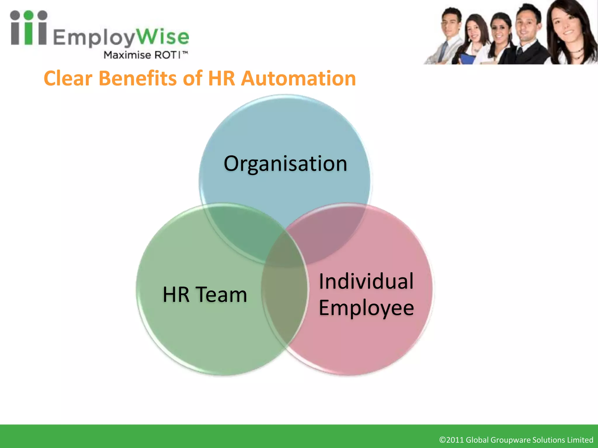 Clear Benefits of HR Automation


                 Organisation



                           Individual
           HR Team
                           Employee




                                        ©2011 Global Groupware Solutions Limited
                                         ©2010 Global Groupware Solutions Ltd.
 