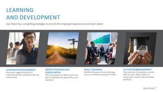 Use these four compelling strategies to enrich the employee experience and retain talent.
LEADERSHIP DEVELOPMENT
One report suggests that 63% of
millennials feel their leadership skills are
underutilized.
CREATE PERSONALIZED
CAREER PATHS
43% of employees are likely to quit their
jobs if a development opportunity arises
elsewhere.
SKILLS TRAINING
Identify skills gaps and use technology
such as on demand training to fill them.
TUITION REIMBURSEMENT
Only 3 percent of companies currently
offer this perk. Which makes it a
unique way to build a loyal and skilled
workforce.
LEARNING
AND DEVELOPMENT
 