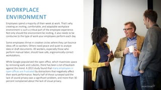 Employees spend a majority of their week at work. That’s why
creating an inviting, comfortable, and adaptable workplace
environment is such a critical part of the employee experience.
Not only should the environment be inviting, it also needs to be
conducive to the type of work your employees perform each day.
Some employees thrive in creative circles where they can bounce
ideas off co-workers. Others need peace and quiet to analyze
data or draft documents. All workers, especially those who
perform manual labor, should have safe, ergonomically-correct
workstations.
While Google popularized the open office, which maximizes space
by removing walls and cubicles, there has been a lot of backlash
against this trend. A 2013 study found that many employees in
open offices are frustrated by distractions that negatively affect
their work performance. Nearly half of those surveyed said the
lack of sound privacy was a significant problem, and more than 30
percent complained about the lack of visual privacy.
WORKPLACE
ENVIRONMENT
 