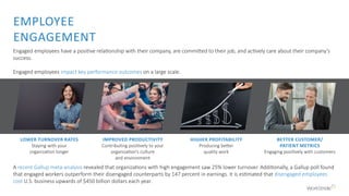 EMPLOYEE
ENGAGEMENT
Engaged employees have a positive relationship with their company, are committed to their job, and actively care about their company’s
success.
Engaged employees impact key performance outcomes on a large scale.
A recent Gallup meta-analysis revealed that organizations with high engagement saw 25% lower turnover. Additionally, a Gallup poll found
that engaged workers outperform their disengaged counterparts by 147 percent in earnings. It is estimated that disengaged employees
cost U.S. business upwards of $450 billion dollars each year.
LOWER TURNOVER RATES
Staying with your
organization longer
IMPROVED PRODUCTIVITY
Contributing positively to your
organization’s culture
and environment
HIGHER PROFITABILITY
Producing better
quality work
BETTER CUSTOMER/
PATIENT METRICS
Engaging positively with customers
 
