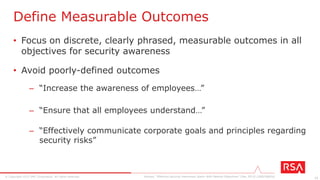 11© Copyright 2015 EMC Corporation. All rights reserved.
• “Crossover areas” of importance
– Password reuse across accounts
– Connecting to public Wi-Fi access points
– Presence on social media sites
– Social engineering
– Phishing
Beyond the work environment
 