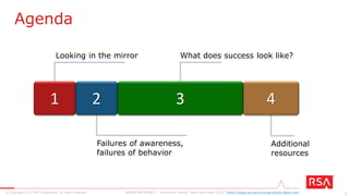 2© Copyright 2015 EMC Corporation. All rights reserved.
Agenda
1 2
Looking in the mirror
Failures of awareness,
failures of behavior
4
Additional
resources
SAMPLE REFERENCE – “Hunting for Sharks’ Teeth (and Other IOCs)” https://blogs.rsa.com/hunting-sharks-teeth-iocs/
3
What does success look like?
 