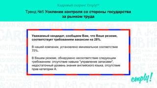 Тренд №5 Усиление контроля со стороны государства
за рынком труда
Уважаемый кандидат, сообщаем Вам, что Ваше резюме,
соответствует требованиям вакансии на 28%.
В нашей компании, установлено минимальное соответствие
75%.
В Вашем резюме, обнаружено несоответствие следующим
требованиям: отсутствие навыка "управление запасами",
недостаточный уровень знания английского языка, отсутствие
прав категории А.
 