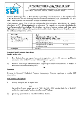 Employment Notice
No. 02/2015-STPI-HYDERABAD
Software Technology Parks of India (STPI) is providing Statutory Services to the exporters under
STP/EHTP scheme and also extending infrastructural facilities including High Speed Internet and IPLC
links. STPI at present has 53 centers at different locations in the country.
Applications are invited from the eligible candidates for filling up various below Group ‘A’ vacancies
given below at STPI (Hyderabad) and in its subcentres. The vacancies are proposed to be filled-up by
transfer (absorption) basis failing which by direct recruitment basis on contract basis for a period
of three years which is likely to be regularized/extended/terminated depending upon the performance of
the candidate during contract service.
Post Code : A-5
Name of the post : Administrative Officer (A - V)
Pay Band and Grade Pay : PB-2 (Rs.9300-34800) GP-Rs.4600/-
Age Limit (Max.) : For appointment on
transfer (absorption) basis
56 years
For appointment on direct
recruitment basis
35 years
No. of post : 1 (UR-1)
Essential Qualifications & Experience
For Direct Recruits:
i) Post Graduate from a recognized university or equivalent with two (2) years post qualification
experience in the field of Personnel / Administration or Vigilance
OR
ii) Graduate from recognized university Five (5) years post qualification experience in the field of
Personnel/Administration or Vigilance
OR
Desirable
Diploma in Personnel/ Marketing/ Purchase Management. Working experience in similar S&T
organization.
For Transfer (absorption)
i) holding analogous post on regular basis
OR
having Five (5) years regular service in PB-2 [ Rs.9300-34800] with the Grade Pay of Rs.4200/-
and having experience in Administration/Personnel/Vigilance.
ii) possessing qualifications as prescribed for Direct Recruits
SOFTWARE TECHNOLOGY PARKS OF INDIA
(An Autonomous Society under Govt. of India, Ministry of Communications
& Information Technology, Department of Electronics and Information Technology)
6Q3, 6
th
Floor, Cyber Towers, Hitec City, Madhapur, Hyderabad - 500081
 
