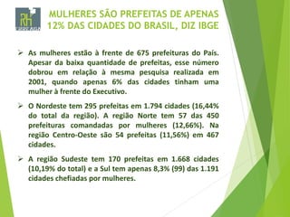 MULHERES SÃO PREFEITAS DE APENAS
12% DAS CIDADES DO BRASIL, DIZ IBGE
 As mulheres estão à frente de 675 prefeituras do País.
Apesar da baixa quantidade de prefeitas, esse número
dobrou em relação à mesma pesquisa realizada em
2001, quando apenas 6% das cidades tinham uma
mulher à frente do Executivo.
 O Nordeste tem 295 prefeitas em 1.794 cidades (16,44%
do total da região). A região Norte tem 57 das 450
prefeituras comandadas por mulheres (12,66%). Na
região Centro-Oeste são 54 prefeitas (11,56%) em 467
cidades.
 A região Sudeste tem 170 prefeitas em 1.668 cidades
(10,19% do total) e a Sul tem apenas 8,3% (99) das 1.191
cidades chefiadas por mulheres.
 