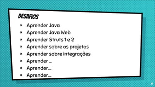 × Aprender Java
× Aprender Java Web
× Aprender Struts 1 e 2
× Aprender sobre os projetos
× Aprender sobre integrações
× Aprender …
× Aprender….
× Aprender….
21
 