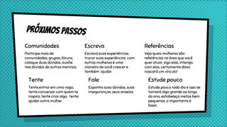 Comunidades
Participe mais de
comunidades, grupos, fóruns,
coloque duas dúvidas, auxilie
nas dúvidas de outras meninas.
Escreva
Escreva suas experiências,
trocar suas experiências com
outras mulheres é uma
maneira de você crescer e
também ajudar.
Referências
Veja quais mulheres são
referências na área que você
quer atuar, siga elas, interaja
com elas, certamente disso
nascerá um vínculo!
Tente
Tente entrar em uma vaga,
tente conversar com quem te
inspira, tente criar algo, tente
ajudar outra mulher.
Fale
Exponha suas dúvidas, suas
inseguranças, seus anseios.
Estude pouco
Estude pouco todo dia e isso se
tornará algo grande ao longo
do ano, estabeleça metas bem
pequenas, o importante é
fazer.
 