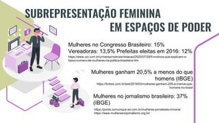 SUBREPRESENTAÇÃO FEMININA
EM ESPAÇOS DE PODER
Mulheres no Congresso Brasileiro: 15%
Vereadoras: 13,5% Prefeitas eleitas em 2016: 12%
https://www.uol.com.br/universa/noticias/redacao/2020/07/29/5-motivos-que-explicam-o-
baixo-numero-de-mulheres-na-politica-brasileira.htm
Mulheres ganham 20,5% a menos do que
homens (IBGE)
Mulheres no jornalismo brasileiro: 37%
(IBGE)
https://forbes.com.br/last/2019/03/mulheres-ganham-205-a-menos-que-
homens-no-brasil
https://portal.comunique-se.com.br/mulheres-jornalistas-minoria/
https://www.mulheresnojornalismo.org.br/
 