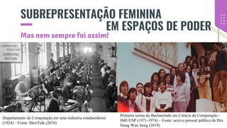 SUBREPRESENTAÇÃO FEMININA
Mas nem sempre foi assim!
EM ESPAÇOS DE PODER
Departamento de Computação em uma indústria estadunidense
(1924) – Fonte: MeriTalk (2016)
Primeira turma do Bacharelado em Ciência da Computação -
IME/USP (1971-1974) – Fonte: acervo pessoal público da Dra.
Siang Wun Song (2019)
 