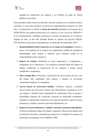 Empoderamiento femenino en la vida pública, económica y social de la Manchuela Conquense
89
igualdad de condiciones con respecto a los hombres en todas las esferas
(públicas y privadas).
Estos principios deben imbuir las diferentes líneas de actuación en los ámbitos político,
económico y social para potenciar el proceso de empoderamiento femenino en todos
ellos. A continuación, se refieren las líneas de actuación apuntadas en el esquema de la
ESTRATEGIA que podrían promoverse en la comarca, ya sea a través de ADIMAN o
de los Ayuntamientos y entidades económicas y sociales con presencia en el territorio.
Algunas de ellas, ya han sido iniciadas durante la vigencia del proyecto EQUAL
ENLAZADAS y precisarían continuidad una vez finalizado éste (diciembre 2007).
1. Responsabilidad Social Corporativa en el campo de la Igualdad. Fomento y
apoyo a las empresas de la comarca que implementen medidas de igualdad de
oportunidades entre mujeres y hombres como elemento central de su
responsabilidad social corporativa.
2. Reparto de trabajo. Sensibilizar al sector empresarial y a trabajadores y
trabajadoras de la importancia y los beneficios (productividad) del reparto de
trabajo, erradicando la feminización de los contratos a tiempo parcial
(indefinidos o temporales).
3. Ocio y tiempo libre. Promoción y valorización de nuevas formas de ocio y uso
del tiempo libre equilibrado entre mujeres y hombres en actividades
comunitarias (espacios no segregados).
4. Nuevas formas de convivencia familiar. Visibilizar, valorizar y fomentar
nuevas formas de convivencia familiar, más democráticas e igualitarias, en las
que mujeres y hombres hayan replanteado los tradicionales roles de género y
desarrollado esquemas de co-decisión: permisos de maternidad compartidos,
equilibrio en aportaciones económicas a los ingresos familiares, reparto de tareas
domésticas y cuidado y atención a personas dependientes, etc.
5. Reparto de tareas domésticas y cuidado y atención a personas dependientes.
Valorizar socialmente ambas actividades y legitimar el discurso del reparto entre
la población masculina, empezando por promover el compartir los permisos de
maternidad contemplados en la LOIEMH 3/2007.
 
