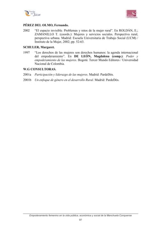 Empoderamiento femenino en la vida pública, económica y social de la Manchuela Conquense
97
PÉREZ DEL OLMO, Fernando.
2002 “El espacio invisible. Problemas y retos de la mujer rural”. En ROLDÁN, E.;
ZAMANILLO T. (coords.): Mujeres y servicios sociales. Perspectiva rural,
perspectiva urbana. Madrid: Escuela Universitaria de Trabajo Social (UCM) /
Instituto de la Mujer, 2002; pp. 52-63.
SCHULER, Margaret.
1997 “Los derechos de las mujeres son derechos humanos: la agenda internacional
del empoderamiento”. En DE LEÓN, Magdalena (comp.): Poder y
empoderamiento de las mujeres. Bogotá: Tercer Mundo Editores / Universidad
Nacional de Colombia.
W.G CONSULTORAS.
2001a Participación y liderazgo de las mujeres. Madrid: PardeDós.
2001b Un enfoque de género en el desarrollo Rural. Madrid: PardeDós.
 