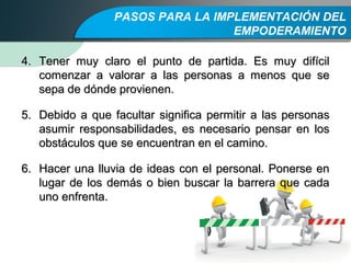 PASOS PARA LA IMPLEMENTACIÓN DEL
EMPODERAMIENTO
4.4. Tener muy claro el punto de partida. Es muy difícilTener muy claro el punto de partida. Es muy difícil
comenzar a valorar a las personas a menos que secomenzar a valorar a las personas a menos que se
sepa de dónde provienen.sepa de dónde provienen.
5.5. Debido a que facultar significa permitir a las personasDebido a que facultar significa permitir a las personas
asumir responsabilidades, es necesario pensar en losasumir responsabilidades, es necesario pensar en los
obstáculos que se encuentran en el camino.obstáculos que se encuentran en el camino.
6.6. Hacer una lluvia de ideas con el personal. Ponerse enHacer una lluvia de ideas con el personal. Ponerse en
lugar de los demás o bien buscar la barrera que cadalugar de los demás o bien buscar la barrera que cada
uno enfrenta.uno enfrenta.
 