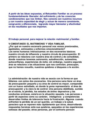 15
A partir de las ideas expuestas, el Retcambio Familiar es un proceso
fundamentalmente liberador del sufrimiento y de las creencias
condicionantes que nos limitan. Nos conecta con nuestros recursos
y con nuestra capacidad de elegir y actuar de manera consistente,
congruente y diferenciada, logrando mayor bienestar y efectividad
en los resultados que nos importan.
El trabajo personal, para mejorar la relación matrimonial y familiar.
V-CIMENTANDO EL MATRIMONIO Y VIDA FAMILIAR.
¿Por qué en nuestro escenario personal nos vemos presionados,
agobiados, estresados y enfermos emocionalmente?
Los seres humanos interactuamos en dos escenarios básicos:
nuestro círculo de influencia y nuestro círculo de preocupación. El
primero se relaciona con nuestra área de control y de comodidad,
donde nosotros tenemos autonomía, autodirección, autoestima,
autoconfianza, experiencias de éxito; sin embargo, nuestra segunda
área se relaciona a las situaciones que nos controlan, preocupan,
que no hemos resuelto, nuestros quiebres o bloqueos a la acción.
La administración de nuestra vida se asocia con la forma en que
lidiamos con estos dos escenarios. Una persona sana tiene un área
de preocupación pequeña y su área de control es mayor, comparable
con un huevo estrellado, en donde la yema representaría el área de
preocupación y la clara la de control. Una persona debilitada, sumida
en el estrés, la pérdida, los estados de ánimo depresivos y las
conductas erróneas, estaría en la situación opuesta. Las personas a
partir de aspectos como su carácter, inteligencia y competencias
desarrollan límites de tolerancia hacia la frustración. Algunos cuando
enfrentan la pérdida de un ser querido, un trabajo o la salud,
pareciera que se reponen más rápidamente que otros, desarrollando
respuestas heroicas ante sus quiebres, apoyados en las experiencias
exitosas del pasado; otras personas, por el contrario parecen
 