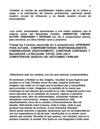 18
-Cambiar la mirada de posibilidades implica pasar de la crítica y
queja a la articulación de futuros promisorios, operando desde
nuestro círculo de influencia y no desde nuestro círculo de
preocupación.
-Las crisis, necesidades apremiantes o una visión retadora, son la
materia prima del Retcambio Familiar. AMBIENTAR, LIMPIAR,
NUTRIR, ARMONIZAR Y REPARAR son los 5 compromisos diarios,
para mantener un clima familiar sano y proactivo.
Trabaje los 3 centros, desarrolle las 5 competencias: APRENDER
PARA ACTUAR, COMPROMETERNOS RESPONSABLEMENTE,
COMUNICARNOS ASERTIVAMENTE, CONSTRUIR CONFIANZA Y
BALANCEAR LA RELACION. ESTAS SON LAS 5
COMPETENCIAS BASICAS DEL RETCAMBIO FAMILIAR
-Obtenemos solo los cambios con los que estamos comprometidos.
Al comenzar y finalizar tu día, imagina, visualiza lo que esperas que
suceda en tu vida. Puedes cerrar los ojos, respirar profundo,
imaginar que estás en un lugar que te produce paz y tranquilidad,
para proceder a traer imágenes a la pantalla de tu mente que
contengan lo que deseas que suceda en tu vida. Imagínate junto a tus
seres queridos en un ambiente de armonía, balance y plenitud;
imagínate sano, libre de enfermedades, visualízate rodeado de
abundante conocimiento, amigos, emocionalmente feliz,
espiritualmente cerca de tu creador y financieramente libre de
deudas, disfrutando todo lo bueno, todo lo mejor, todo lo que
produce ese estado de armonía, al que llamamos felicidad.
Ahora ponle atención a aquellas situaciones que no correspondieron
con tus expectativas el día de ayer, reenfócalas en tu mente como
deseas que suceda. Visualiza lo que quieres, con claridad, esta es la
primera creación, la mental. Pon junto en una fotografía a todo color,
 