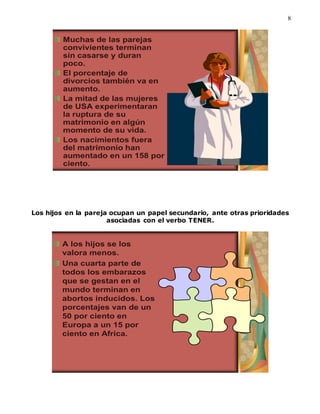 8
Muchas de las parejas
convivientes terminan
sin casarse y duran
poco.
El porcentaje de
divorcios también va en
aumento.
La mitad de las mujeres
de USA experimentaran
la ruptura de su
matrimonio en algún
momento de su vida.
Los nacimientos fuera
del matrimonio han
aumentado en un 158 por
ciento.
Los hijos en la pareja ocupan un papel secundario, ante otras prioridades
asociadas con el verbo TENER.
A los hijos se los
valora menos.
Una cuarta parte de
todos los embarazos
que se gestan en el
mundo terminan en
abortos inducidos. Los
porcentajes van de un
50 por ciento en
Europa a un 15 por
ciento en Africa.
 