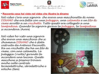 • Racconta cosa hai visto nel video che illustra la dinamo
Nel video c’era una signora che aveva una macchinetta di nome
DINAMO che era fatta con una puleggia, una calamita e un filo di
rame avvolto a un rocchetto. Tutto questo era collegato a una
lampadina. Quando la signora girava la puleggia, la lampadina
si accendeva. (Aurora)
Nel video ho visto una signora
che aveva una macchina che si
chiamava DINAMO che è stata
costruita da Antonio Pacinotti.
Ha un rocchetto che ha un filo di
rame, con una calamita. La
puleggia (ruota) girando fa
accendere una lucina. Queste
macchine si possono trovare
anche nelle centrali
termoelettriche, idroelettriche e
eoliche .(Sara)
 
