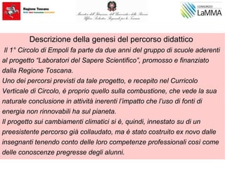 Descrizione della genesi del percorso didattico
Il 1° Circolo di Empoli fa parte da due anni del gruppo di scuole aderenti
al progetto “Laboratori del Sapere Scientifico”, promosso e finanziato
dalla Regione Toscana.
Uno dei percorsi previsti da tale progetto, e recepito nel Curricolo
Verticale di Circolo, è proprio quello sulla combustione, che vede la sua
naturale conclusione in attività inerenti l’impatto che l’uso di fonti di
energia non rinnovabili ha sul pianeta.
Il progetto sui cambiamenti climatici si è, quindi, innestato su di un
preesistente percorso già collaudato, ma è stato costruito ex novo dalle
insegnanti tenendo conto delle loro competenze professionali così come
delle conoscenze pregresse degli alunni.
 