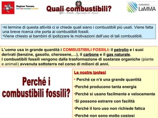 L’uomo usa in grande quantità i COMBUSTIBILI FOSSILI: il petroliopetrolio e i suoi
derivati (benzine, gasolio, cherosene,…), il carbonecarbone e il gas naturalegas naturale.
I combustibili fossili vengono dalla trasformazione di sostanze organiche (piante
e animali) avvenuta sottoterra nel corso di milioni di anni.
Le nostre ipotesiLe nostre ipotesi
• Perché ce n’è una grande quantità
•Perché producono tanta energia
•Perché si usano facilmente e velocemente
•Si possono estrarre con facilità
•Perché il loro uso non richiede fatica
•Perché non sono molto costosi
•Al termine di questa attività ci si chiede quali siano i combustibili più usati. Viene fatta
una breve ricerca che porta ai combustibili fossili.
•Viene chiesto ai bambini di ipotizzare le motivazioni dell’uso di tali combustibili.
 