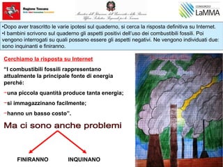 Cerchiamo la risposta su Internet
“I combustibili fossili rappresentano
attualmente la principale fonte di energia
perché:
−una piccola quantità produce tanta energia;
−si immagazzinano facilmente;
−hanno un basso costo”.
FINIRANNO INQUINANO
•Dopo aver trascritto le varie ipotesi sul quaderno, si cerca la risposta definitiva su Internet.
•I bambini scrivono sul quaderno gli aspetti positivi dell’uso dei combustibili fossili. Poi
vengono interrogati su quali possano essere gli aspetti negativi. Ne vengono individuati due:
sono inquinanti e finiranno.
 