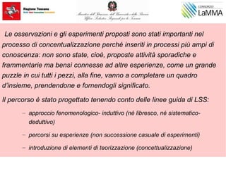 Le osservazioni e gli esperimenti proposti sono stati importanti nel
processo di concentualizzazione perché inseriti in processi più ampi di
conoscenza: non sono state, cioè, proposte attività sporadiche e
frammentarie ma bensì connesse ad altre esperienze, come un grande
puzzle in cui tutti i pezzi, alla fine, vanno a completare un quadro
d’insieme, prendendone e fornendogli significato.
Il percorso è stato progettato tenendo conto delle linee guida di LSS:
– approccio fenomenologico- induttivo (né libresco, né sistematico-
deduttivo)
– percorsi su esperienze (non successione casuale di esperimenti)
– introduzione di elementi di teorizzazione (concettualizzazione)
 