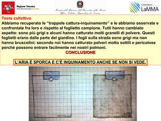 Testo collettivo
Abbiamo recuperato le “trappole cattura-inquinamento” e le abbiamo osservate e
confrontate fra loro e rispetto al foglietto campione. Tutti hanno cambiato
aspetto: sono più grigi e alcuni hanno catturato molti granelli di polvere. Questi
foglietti erano dalla parte del giardino. I fogli sulla strada sono grigi ma non
hanno bruscolini: secondo noi hanno catturato polveri molto sottili e pericolose
perché possono entrare facilmente nei nostri polmoni.
CONCLUSIONECONCLUSIONE
L’ARIA È SPORCA E C’È INQUINAMENTO ANCHE SE NON SI VEDE.L’ARIA È SPORCA E C’È INQUINAMENTO ANCHE SE NON SI VEDE.
 