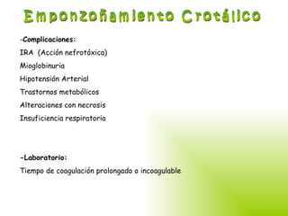 Emponzoñamiento Crotálico Complicaciones: IRA  (Acción nefrotóxica) Mioglobinuria Hipotensión Arterial Trastornos metabólicos Alteraciones con necrosis Insuficiencia respiratoria -Laboratorio: Tiempo de coagulación prolongado o incoagulable 
