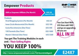 E24X7
THIS PRESENTATION IS BROUGHT TO YOU BY EMPOWER24X7 NETWORK
http://www.empowernetwork.com/?id=bornintelligent
Empower Products
US$ 20
(Approx Rs 1300/-)
JOIN as Empower A liate (Per Month)
Viral Blogging System (Per Month) US$ 25
Products
Inner Circle Mastermind (Per Month) US$ 100
Costa Rica Intensive (One Time) US$ 500
15K Formula (One Time) US$ 1000
Master s Retreat (One Time) US$ 3500
You get The Training Modules in each
and ; Their Selling Rights
YOU KEEP 100%
You Can Start With
25$ then add 100$
and go on upgrading
till you are
ALL IN !!!
 
