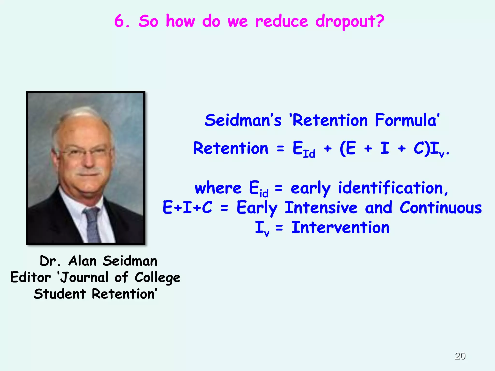 20
Seidman’s ‘Retention Formula’
Retention = EId + (E + I + C)Iv.
where Eid = early identification,
E+I+C = Early Intensive and Continuous
Iv = Intervention
Dr. Alan Seidman
Editor ‘Journal of College
Student Retention’
6. So how do we reduce dropout?
 
