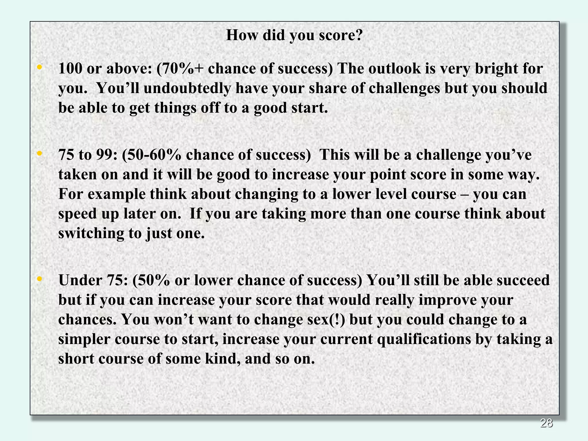 How did you score?
• 100 or above: (70%+ chance of success) The outlook is very bright for
you. You’ll undoubtedly have your share of challenges but you should
be able to get things off to a good start.
• 75 to 99: (50-60% chance of success) This will be a challenge you’ve
taken on and it will be good to increase your point score in some way.
For example think about changing to a lower level course – you can
speed up later on. If you are taking more than one course think about
switching to just one.
• Under 75: (50% or lower chance of success) You’ll still be able succeed
but if you can increase your score that would really improve your
chances. You won’t want to change sex(!) but you could change to a
simpler course to start, increase your current qualifications by taking a
short course of some kind, and so on.
28
 