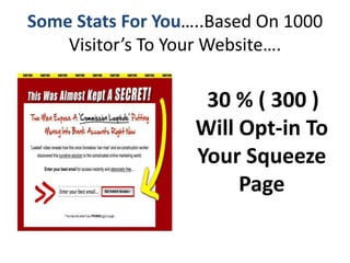 Some Stats For You…..Based On 1000
    Visitor’s To Your Website….

                    30 % ( 300 )
                   Will Opt-in To
                   Your Squeeze
                        Page
 