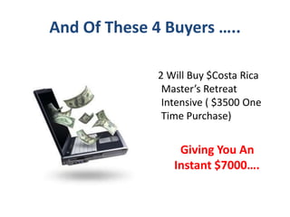 And Of These 4 Buyers …..

              2 Will Buy $Costa Rica
               Master’s Retreat
               Intensive ( $3500 One
               Time Purchase)


                  Giving You An
                 Instant $7000….
 