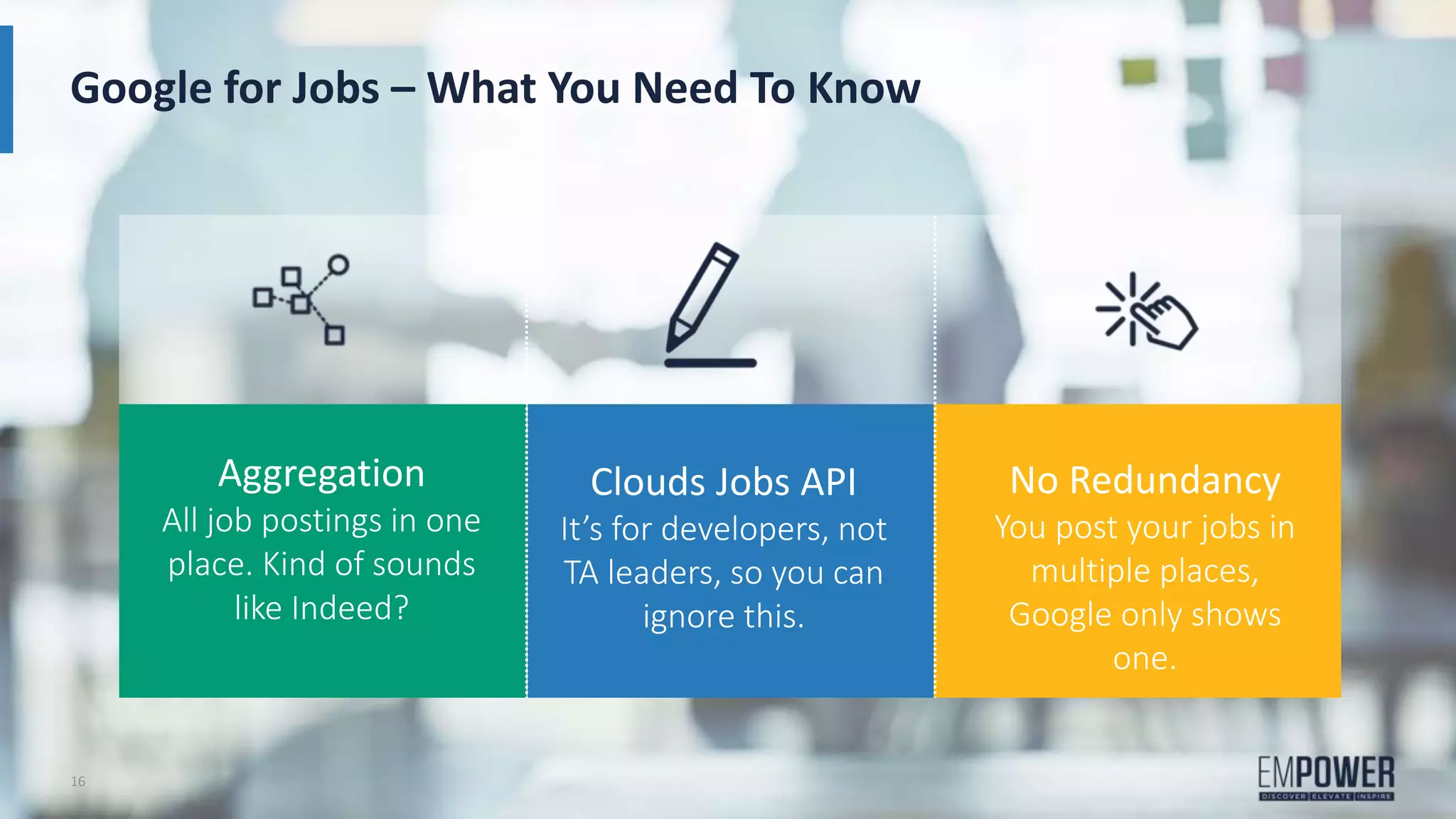 Google for Jobs – What You Need To Know
16
Aggregation
All job postings in one
place. Kind of sounds
like Indeed?
Clouds Jobs API
It’s for developers, not
TA leaders, so you can
ignore this.
No Redundancy
You post your jobs in
multiple places,
Google only shows
one.
 