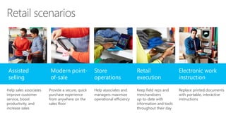 Retail scenarios
Assisted
selling
Modern point-
of-sale
Store
operations
Retail
execution
Electronic work
instruction
Help sales associates
improve customer
service, boost
productivity, and
increase sales
Provide a secure, quick
purchase experience
from anywhere on the
sales floor
Help associates and
managers maximize
operational efficiency
Keep field reps and
merchandisers
up-to-date with
information and tools
throughout their day
Replace printed documents
with portable, interactive
instructions
 