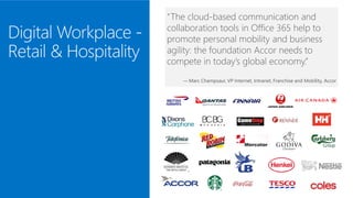 “The cloud-based communication and
collaboration tools in Office 365 help to
promote personal mobility and business
agility: the foundation Accor needs to
compete in today’s global economy.”
— Marc Champsaur, VP Internet, Intranet, Franchise and Mobility, Accor
 