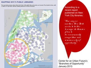 According to a
      recent report
      published on New
      York City libraries:

      “O ne wa y o r
      a no the r, N w Yo rk
                      e
      ne e d s to be tte r
      le v e ra g e its libra rie s
      if it is to
      be e c o no m ic a lly
      c o m p e titive a nd
      re m a in a c ity o f
      o p p o rtunity .”




Center for an Urban Future’s
“Branches of Opportunity”
January 2013
 