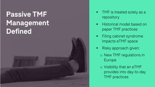 Passive TMF
Management
Defined
§ TMF is treated solely as a
repository
§ Historical model based on
paper TMF practices
§ Filing cabinet syndrome
impacts eTMF space
§ Risky approach given:
o New TMF regulations in
Europe
o Visibility that an eTMF
provides into day-to-day
TMF practices
 