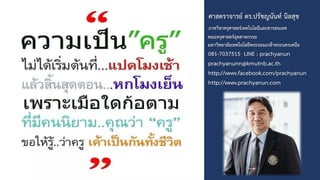 ศาสตราจารย ดร.ปรัชญนันท นิลสุข
ภาควิชาครุศาสตรเทคโนโลยีและสารสนเทศ
คณะครุศาสตรอุตสาหกรรม
มหาวิทยาลัยเทคโนโลยีพระจอมเกลาพระนครเหนือ
081-7037515 LINE : prachyanun
prachyanunn@kmutnb.ac.th
http://www.facebook.com/prachyanun
http://www.prachyanun.com
 