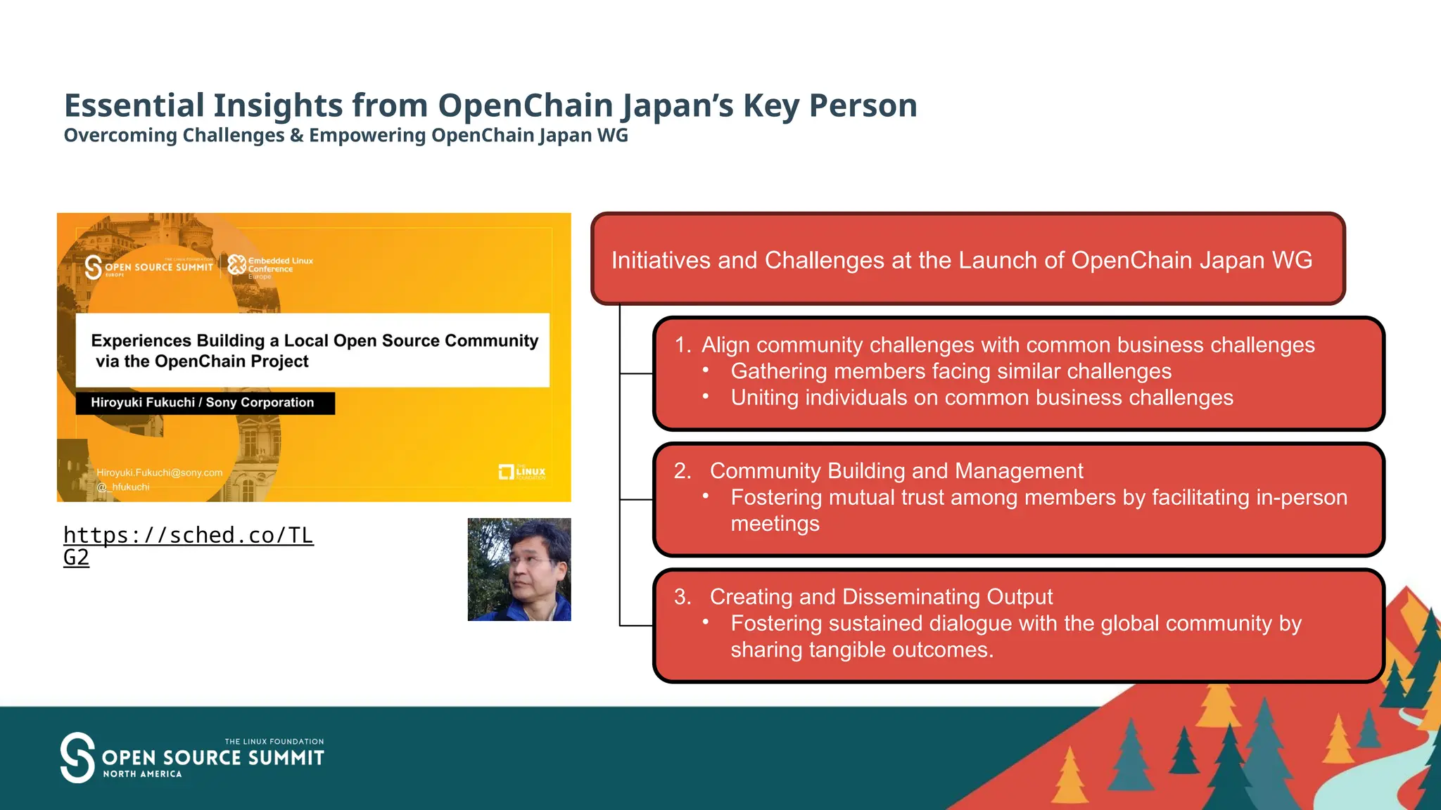 Essential Insights from OpenChain Japan’s Key Person
Overcoming Challenges & Empowering OpenChain Japan WG
https://sched.co/TL
G2
Initiatives and Challenges at the Launch of OpenChain Japan WG
1. Align community challenges with common business challenges
• Gathering members facing similar challenges
• Uniting individuals on common business challenges
2. Community Building and Management
• Fostering mutual trust among members by facilitating in-person
meetings
3. Creating and Disseminating Output
• Fostering sustained dialogue with the global community by
sharing tangible outcomes.
 